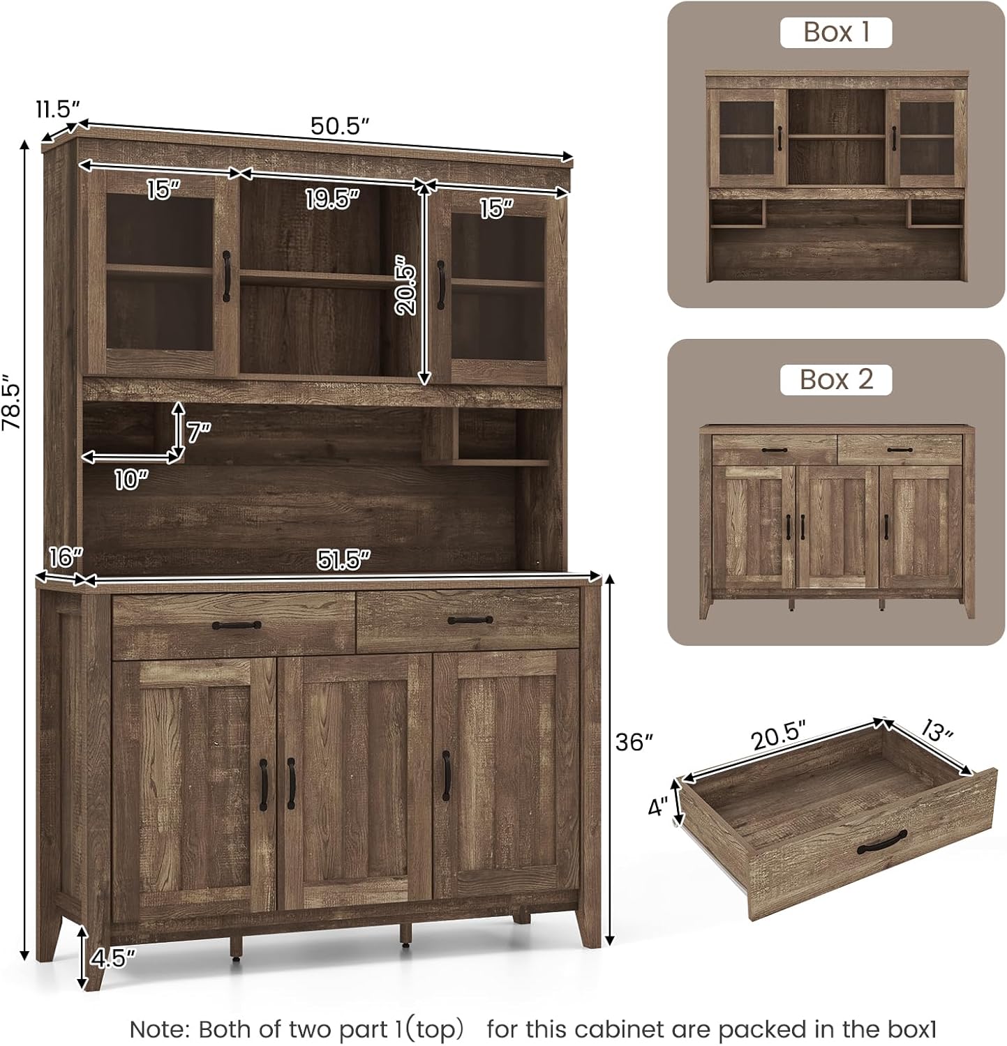 Byroce Kitchen Pantry Cabinet, Farmhouse 78.5” Tall Storage Cabinet w/Countertop, Adjustable Shelves & Drawers, Microwave Shelf w/Hutch, Wooden Buffet Sideboard w/Tempered Glass Doors, Rustic Brown