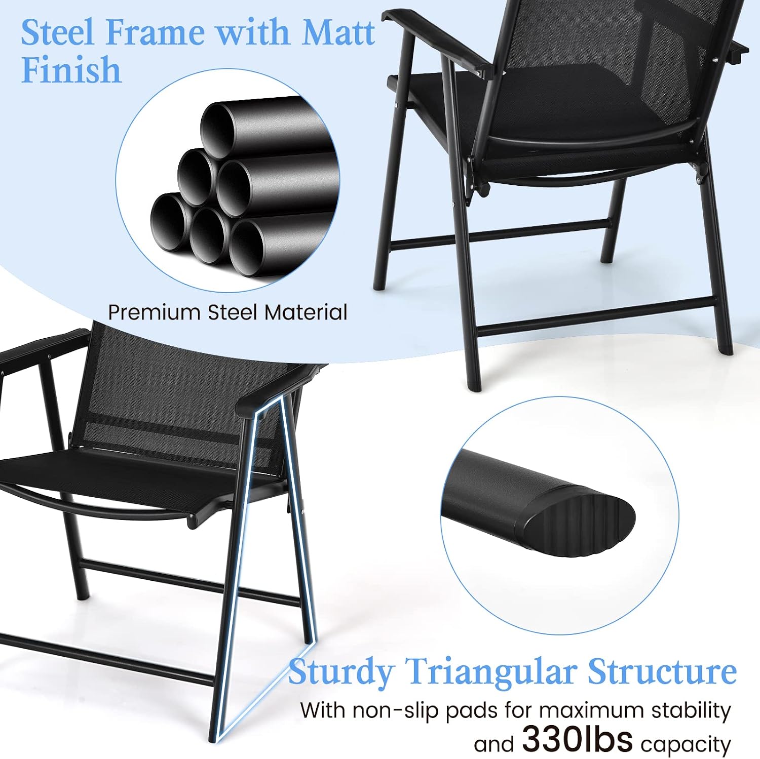 Tangkula Set of 6 Patio Folding Chairs, Outdoor Fabric Dining Chairs with High Back & Armrests, Sturdy Metal Frame for Patio Lawn Garden (Black)