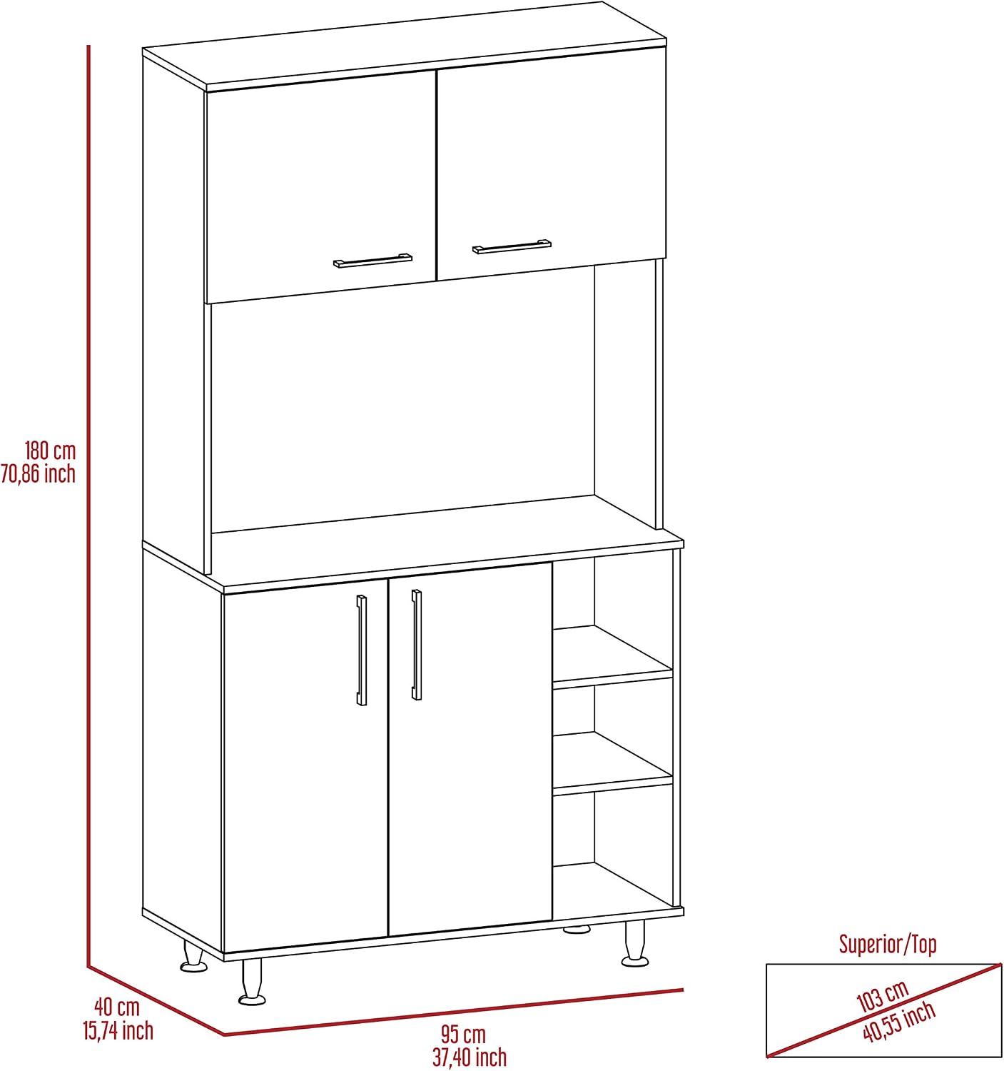 Kitchen Pantry Cabinet, 3 Shelves, Open Rack Storage, 37 Inch Countertop