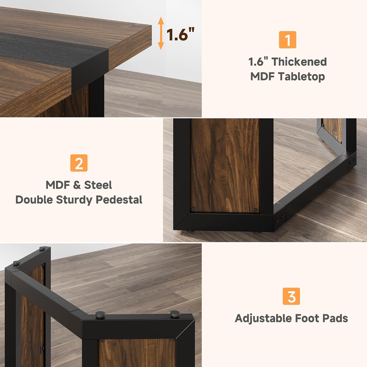 Industrial Dining Table for 6-8 People, 71" Large Long Wooden Kitchen Table with Sturdy Metal Frame & Brown Finish, Rustic Style Rectangular Dinner Table for Dining Room, Kitchen (Reddish Brown )