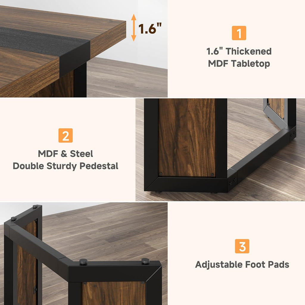 knoworld Rectangular Industrial Dining Room Table for 8 People, 71" Long Wood Kitchen Table with Strong Metal Frame, Large Dinner Room Table for Big Family, Restaurant, Party, Reddish Brown