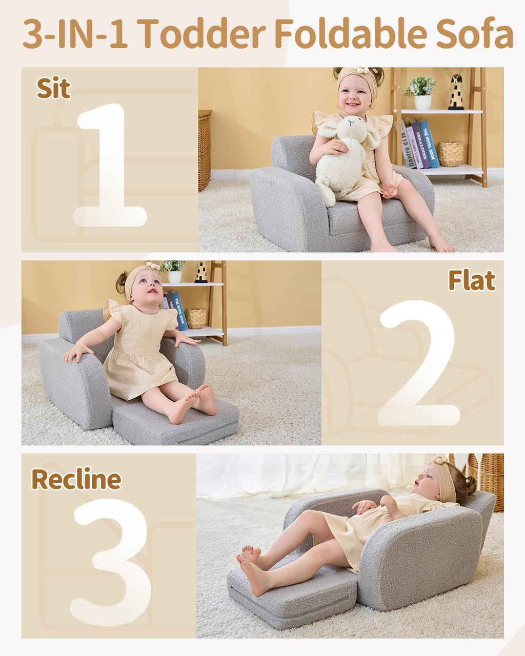 KidBloom 3-in-1 Toddler Couch, Toddler Chairs Comfy 2-3 Years Old, Kids Couch Bed Fold Out, Gifts for 2 3 Year Old Girls Boys