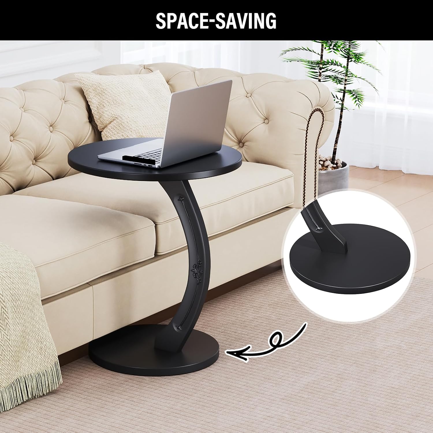 C-Shaped Solid Wood Round End Table - Side Table for Couch, Sofa Tables Slide Under Couch for Living Room, Small Nightstand for Small Space, Black