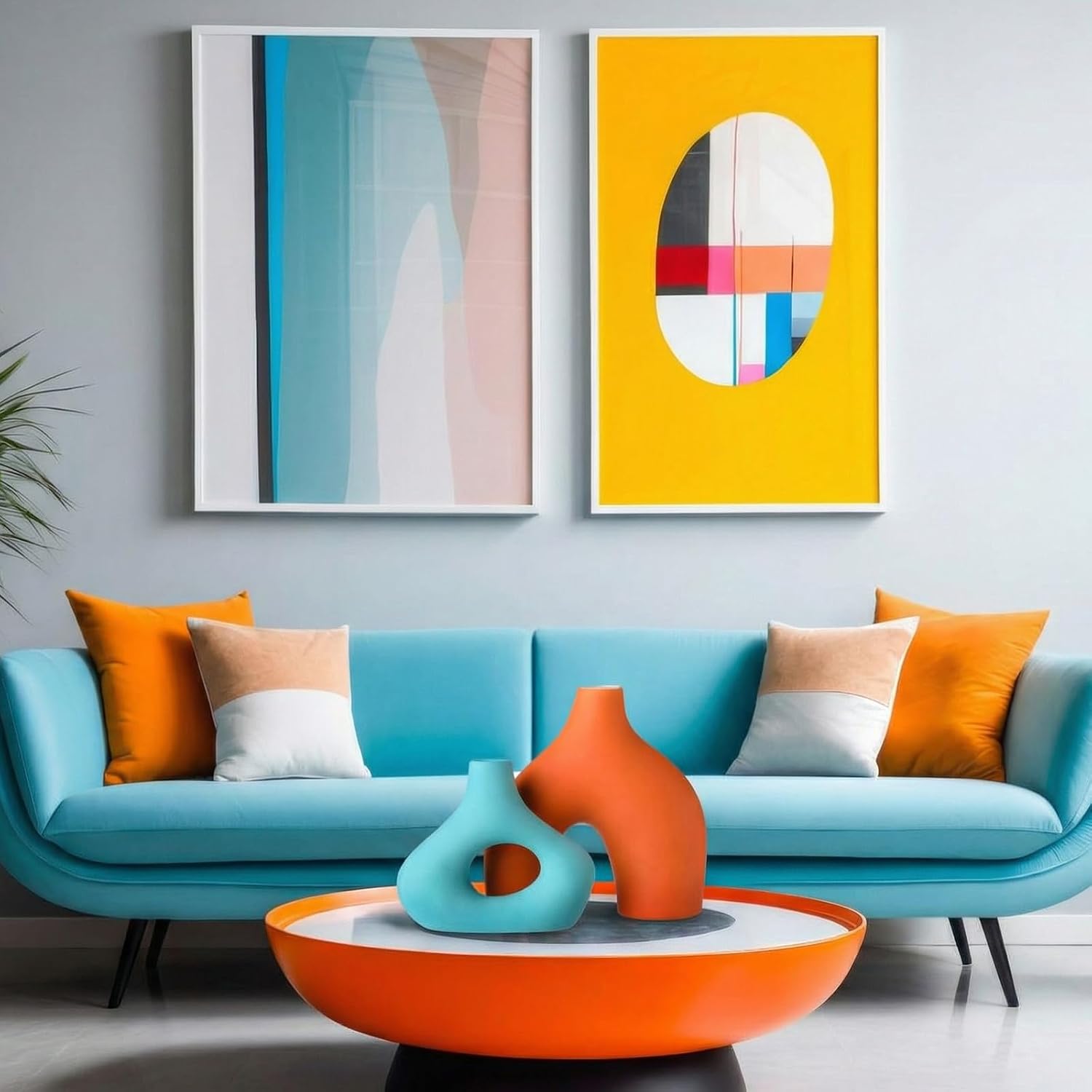 Patelai Set of 2 Mid Century Modern Decor Ceramic Donut Vases, Nordic Boho Round Matte Finish Decor for Home Dining Room Living Room Office Bedroom Shelf(Orange Blue)