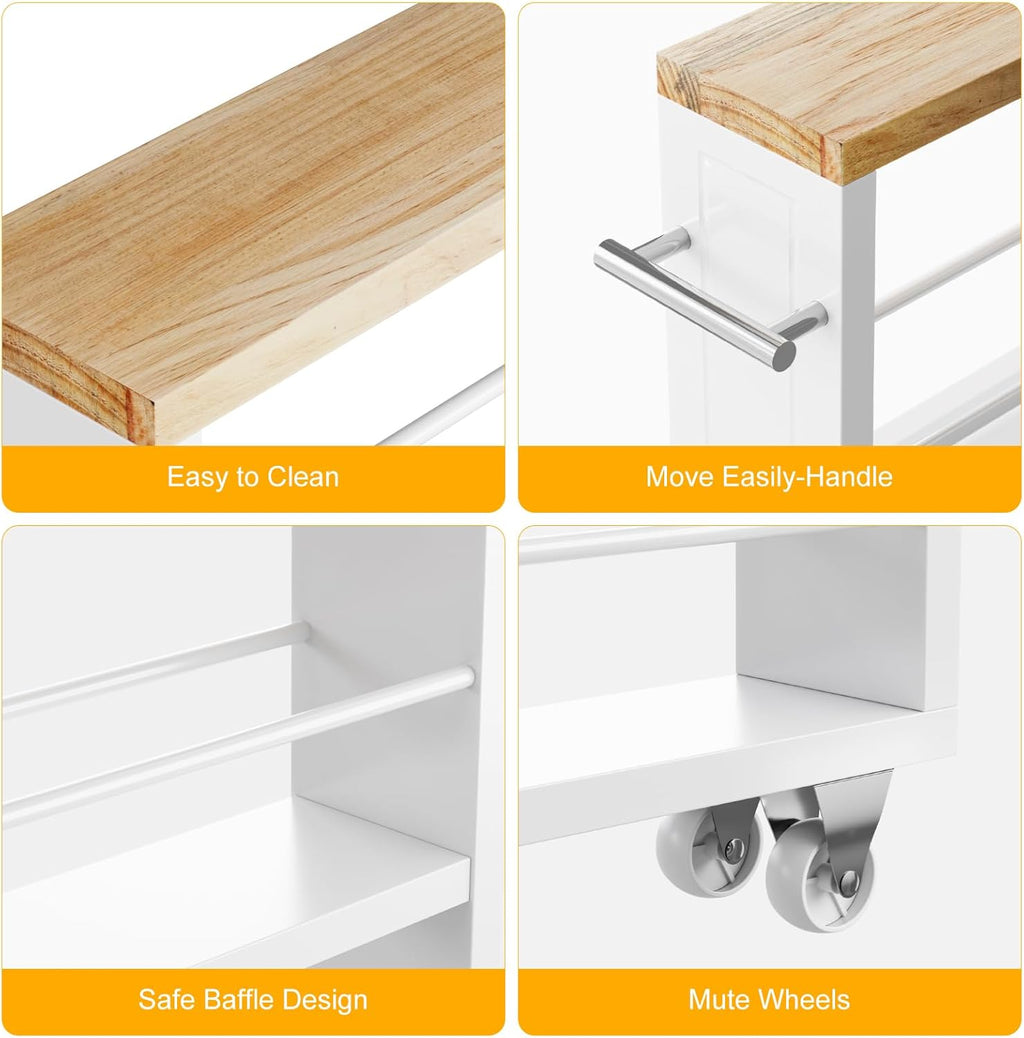 KLM 4 Tier White Slim Storage Cart with Handle, Slide Out Storage Rolling Utility Cart for Kitchen, Laundry, Narrow Places