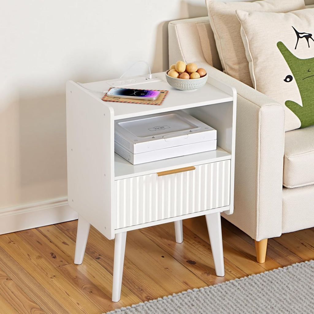 MAHANCRIS Nightstand with Charging Station and Modern Bedside Table Bundle, White End Table with Storage Drawers, Open Storage, Night Stand with Solid Wood Legs, for Bedroom, ETWT61E01N1-ETWT69E01
