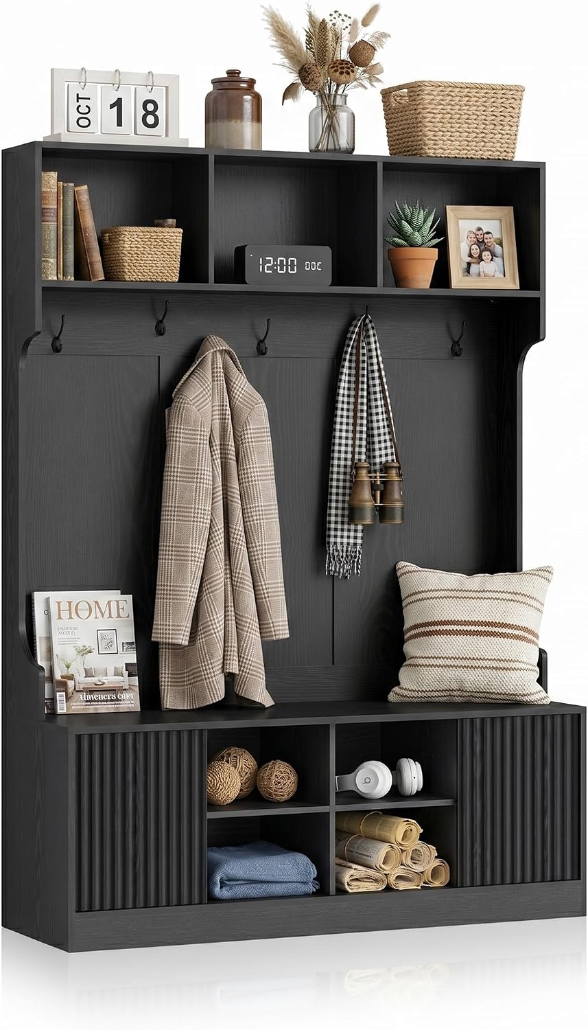 Hall Tree with LED Light, Coat Rack with Storage Bench, Modern Freestanding Entryway Organizer with Shoe Cabinet, Hallway Storage Bench with 5 Hooks, Open Shelves and Fluted Doors, Black
