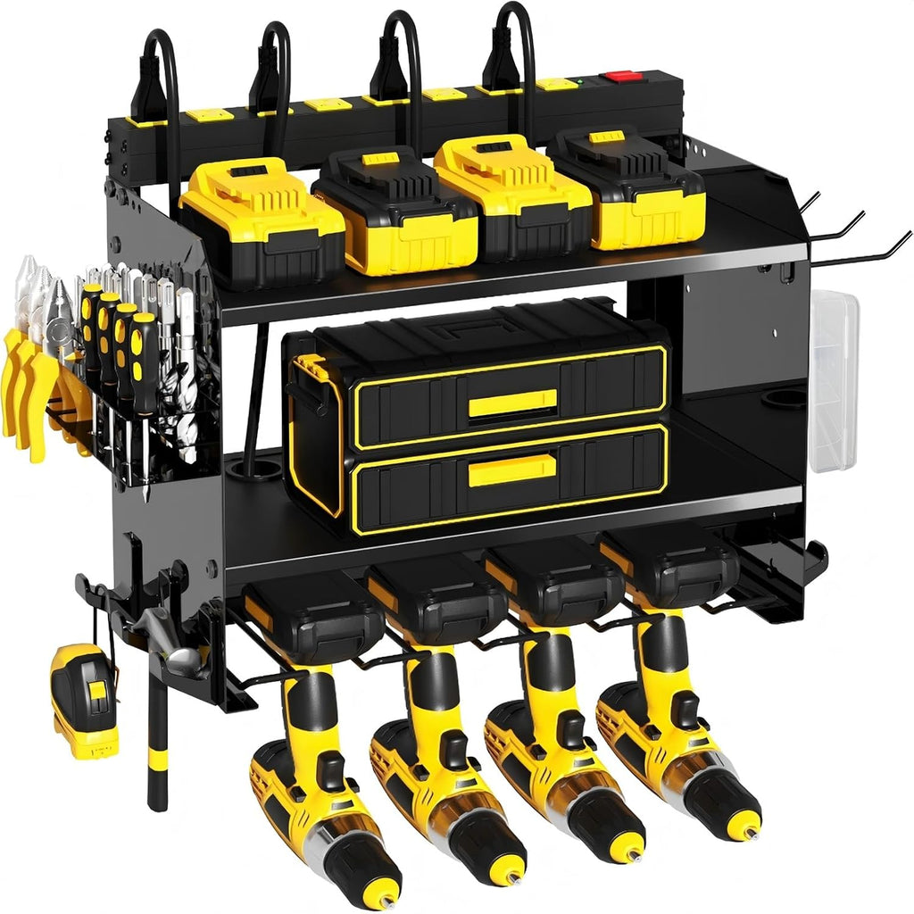 Power Tool Organizer Wall Mount with Charging Station & 8 Outlet,3 Layer Heavy Duty Metal Rack Loads 200lbs for Garage Organization,4 Cordless Drill Holders,Day Gift for Men,Glossy Black