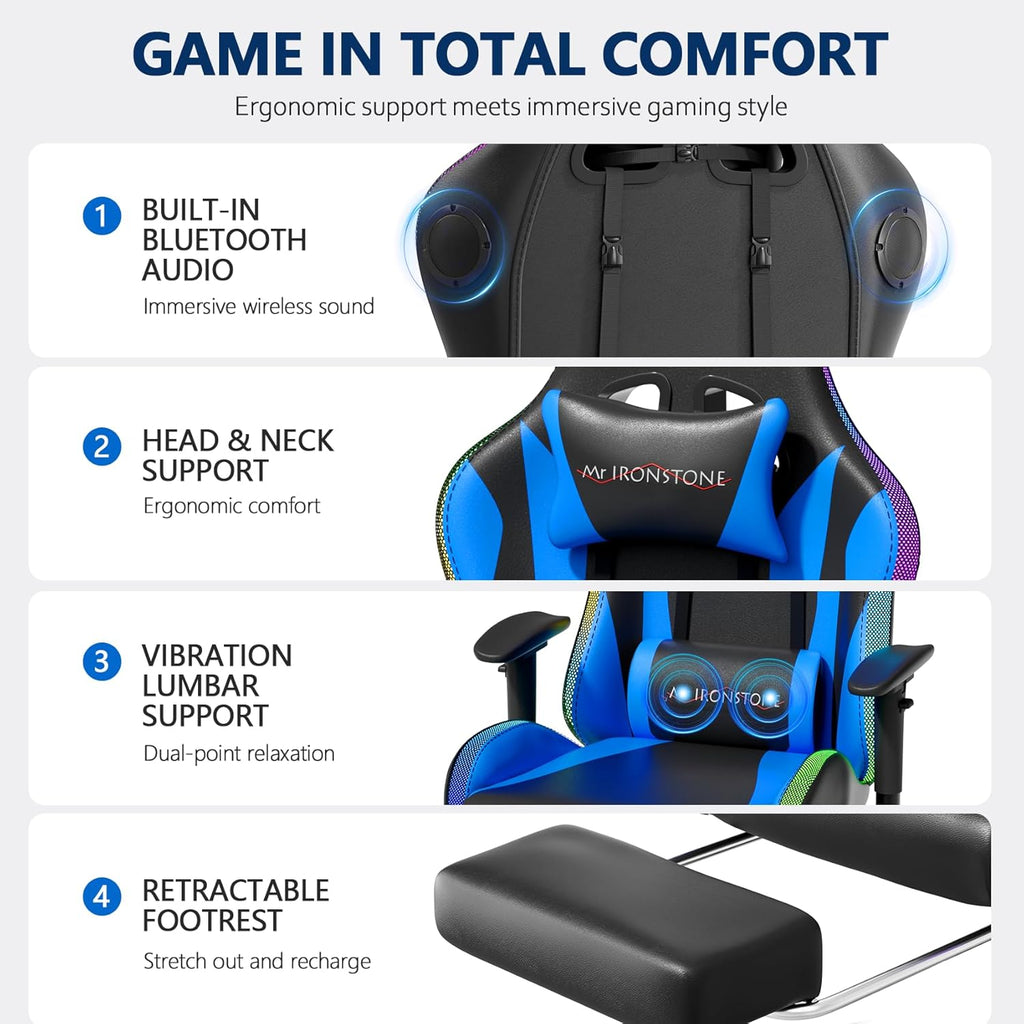 Mr IRONSTONE RGB Gaming Chair with Bluetooth Speakers, Ergonomic Gamer Chair with LED Lights, Vibration Lumbar Support, Footrest and High Back Reclining Design for Adults, Blue