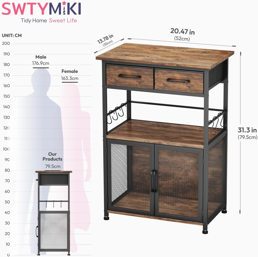 SWTYMIKI Coffee Bar Cabinet with Drawer - Coffee Stand Station with Removable Hooks, Buffet Cabinet for Coffee Maker or Microwave, Kitchen Bar Table Storage Organizer (Espresso, 20.47"x13.78"x31.3")
