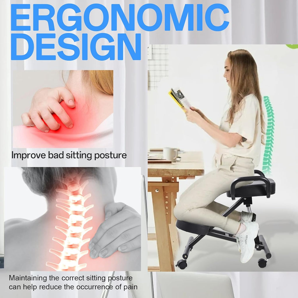 Ergonomic Kneeling Chair Without Backrest, Ergonomic Kneeling Tool with Brake and Smooth Gliding Casters, Adjustable Stool for Home and Office, Extra Comfort Cushion, Angled Design