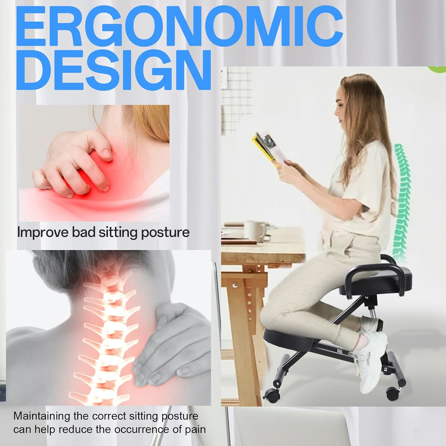 Ergonomic Kneeling Chair Without Backrest, Ergonomic Kneeling Tool with Brake and Smooth Gliding Casters, Adjustable Stool for Home and Office, Extra Comfort Cushion, Angled Design
