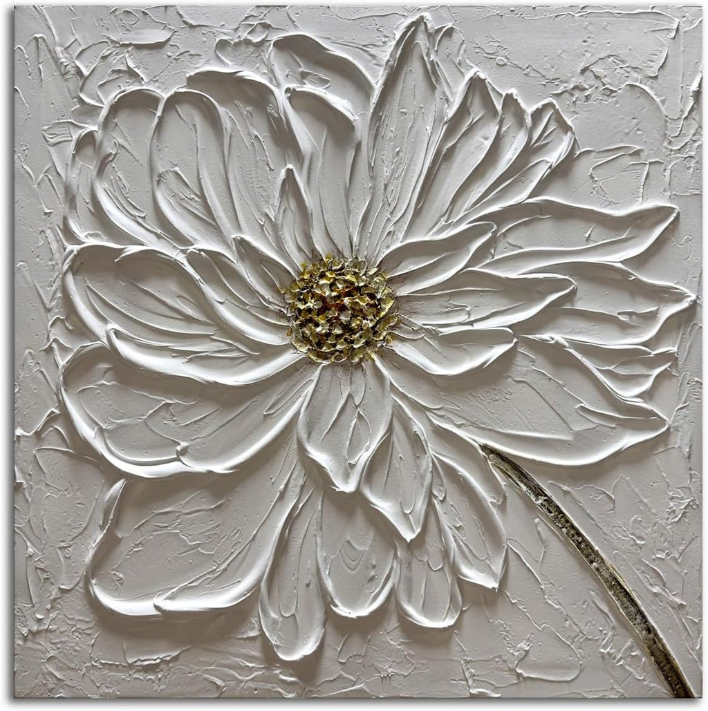 Slyart Hand Paintings 3D Floral Canvas Wall Art 24x24 Inches Abstract White Flower Paintings Modern Contemporary Texture Wall Art White Artwork for Home Decorations