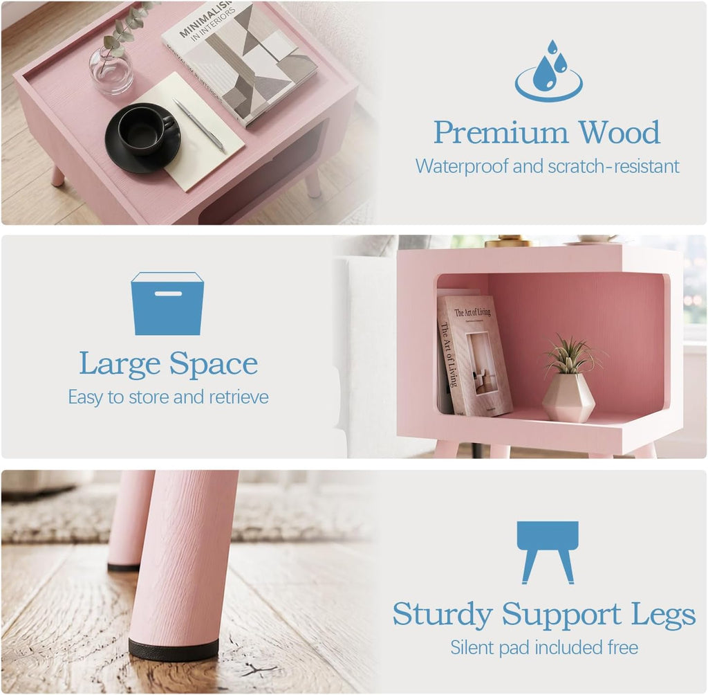 Nightstand,Pink Night Stand,Modern End Table with Open Storage,2-Tier Wooden End Side Table,Nursery Bedside Table for Small Space, Living Room, Bedroom