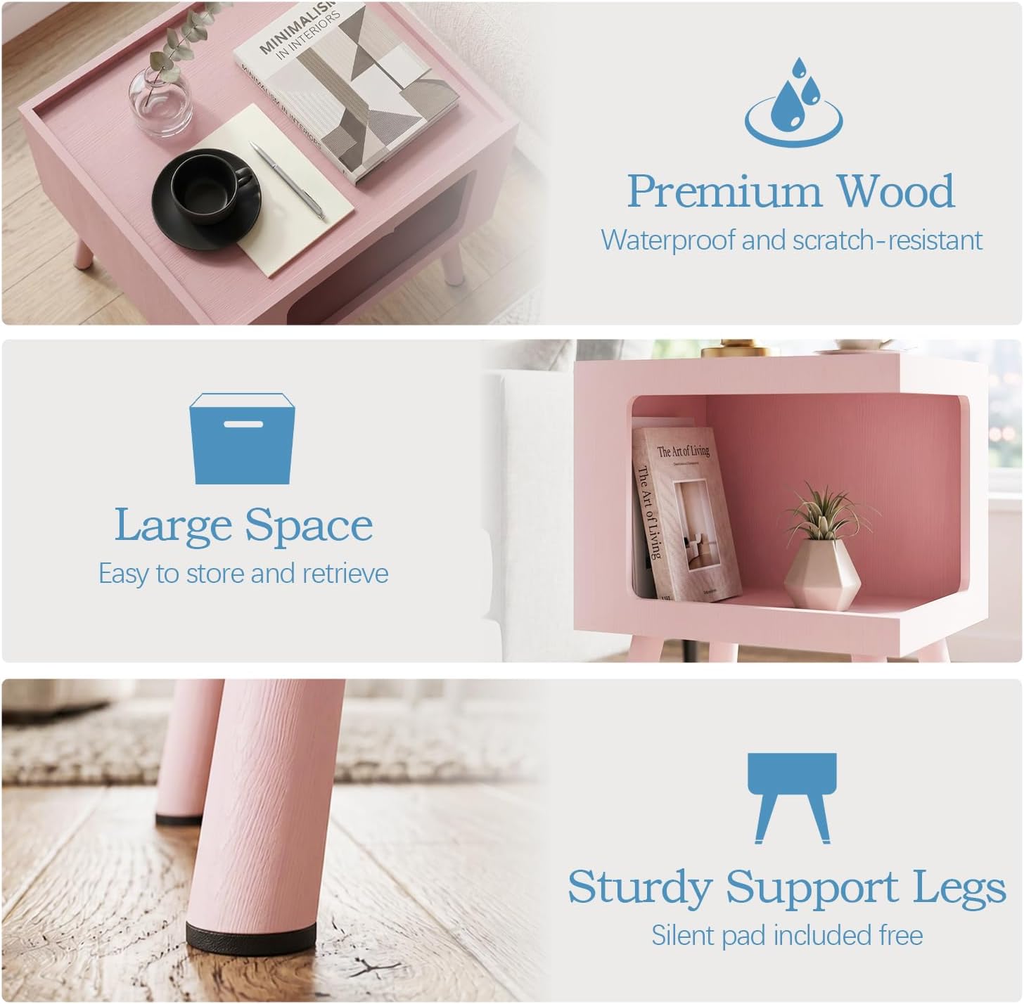 Nightstand,Pink Night Stand,Modern End Table with Open Storage,2-Tier Wooden End Side Table,Nursery Bedside Table for Small Space, Living Room, Bedroom