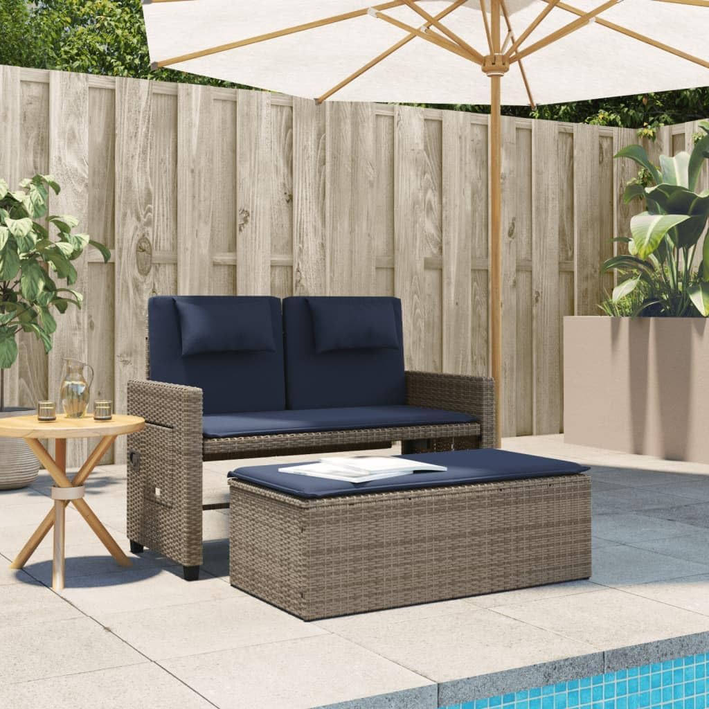 Garden Bench Grey PE Rattan Medium Adjustable Armrests,Reclining Garden Bench with Comfortable Cushions Outdoor Sofa Bed for Two Patio Furniture