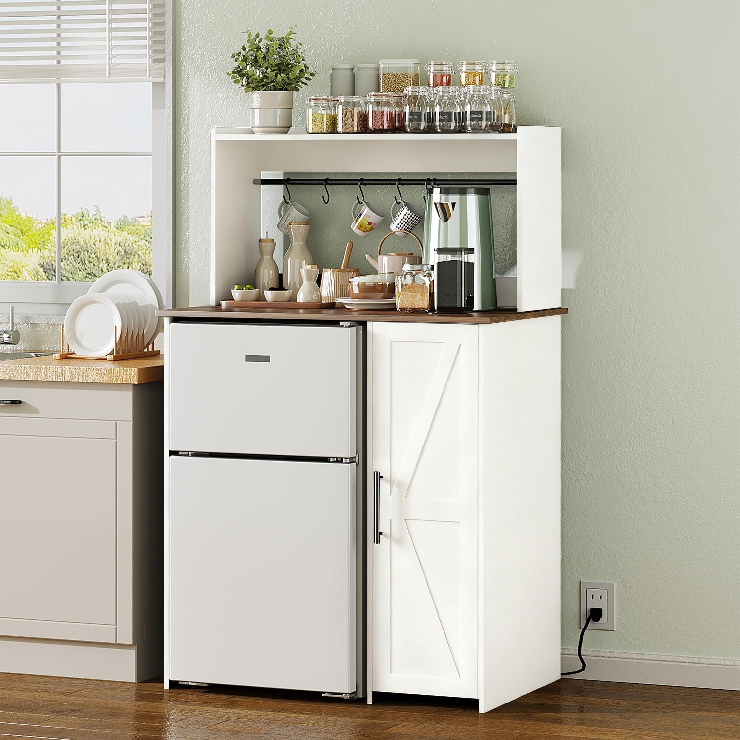Mini Fridge Stand Coffee Bar Cabinet,Freestadning Coffee Stand Station Bakers Rack with Mini Fridge Space & Power Outlet,for Kitchen Dining Room Living Room,White