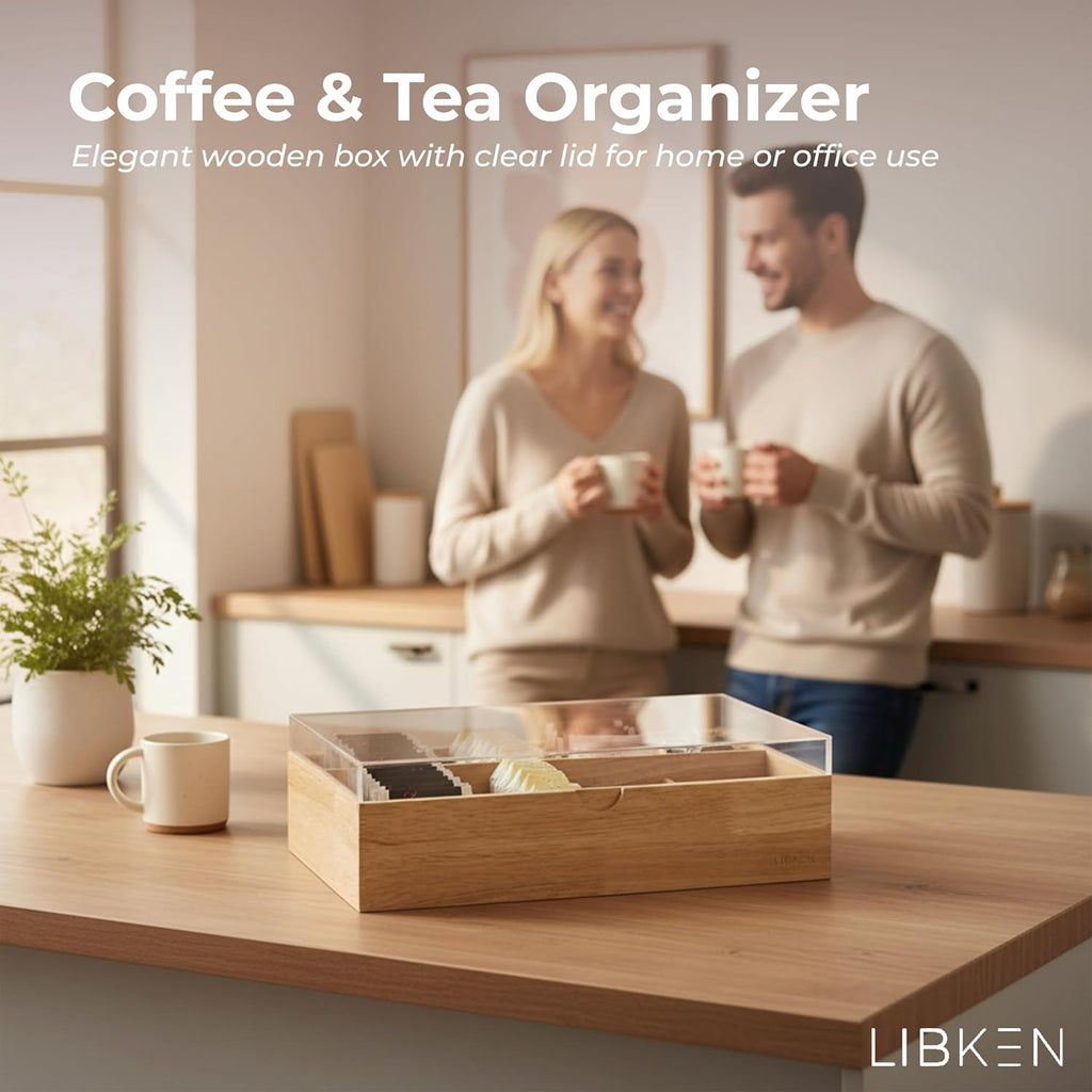 LIBKEN Wooden Tea Bag Organizer Box – 8 Compartment Tea Storage with Clear Lid – Minimalist Scandinavian Design – Versatile Wooden Tea Box for Tea Bags, Jewelry, Crafts, Office & Countertop Storage