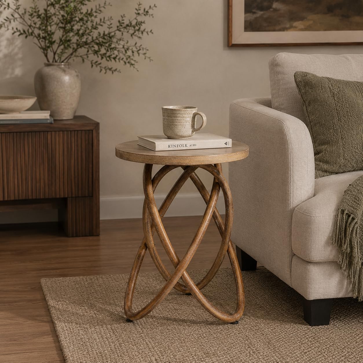Farmhouse Round End Table with Curved Crossed Base, Natural Brown | Rustic Wood Sofa Side Table, Plant Stand for Living Room, Small Space, Easy Assembly