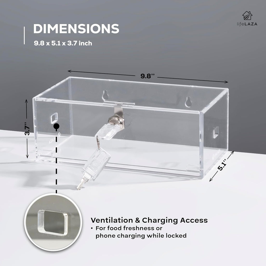 LifeLAZA Acrylic Refrigerator Lock Box, Medication Lock Box With 4 Key, Wall Mount Clear Safe Lockbox with Labels for Phone, Fridge, Food, Medicine