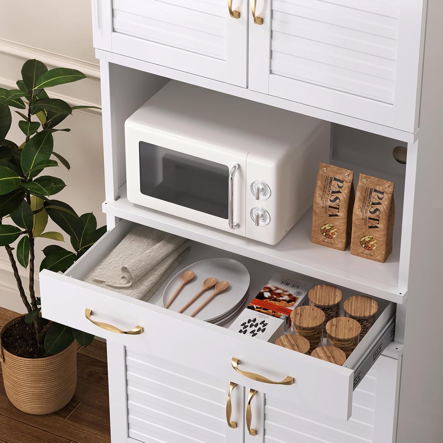 Tall Metal Pantry Cabinet with countertop & Drawer | Elegant Louvered Door Design with Modern Appeal,120 lb Adjustable Shelves with Steel Durability