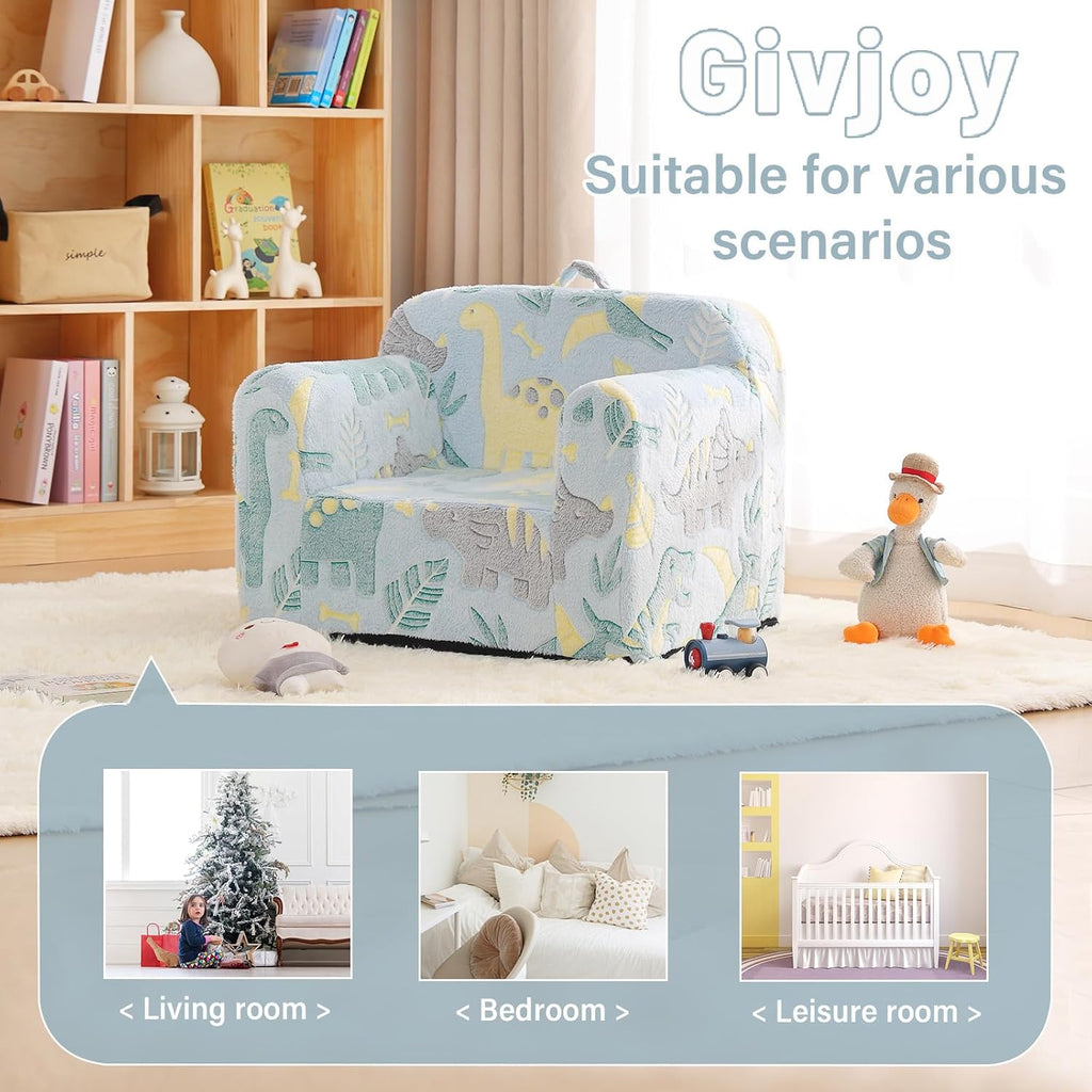 Toddler Chair Plush Kids Couch, Comfy Glow in The Dark Dinosaur Chair with Removable and Washable Cover Carrying Handle Kids Sofa, Convertible Toddler Couch for Playroom Girls and Boys Green