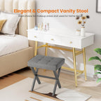 Sweetcrispy Vanity Stool Ottoman, Square Linen Makeup Stool Metal X Legs, Small Footstool Chair for Vanity, Modern Padded Seat Foot Rest for Makeup Room, Bathroom,Living Room, Entryway, Gray