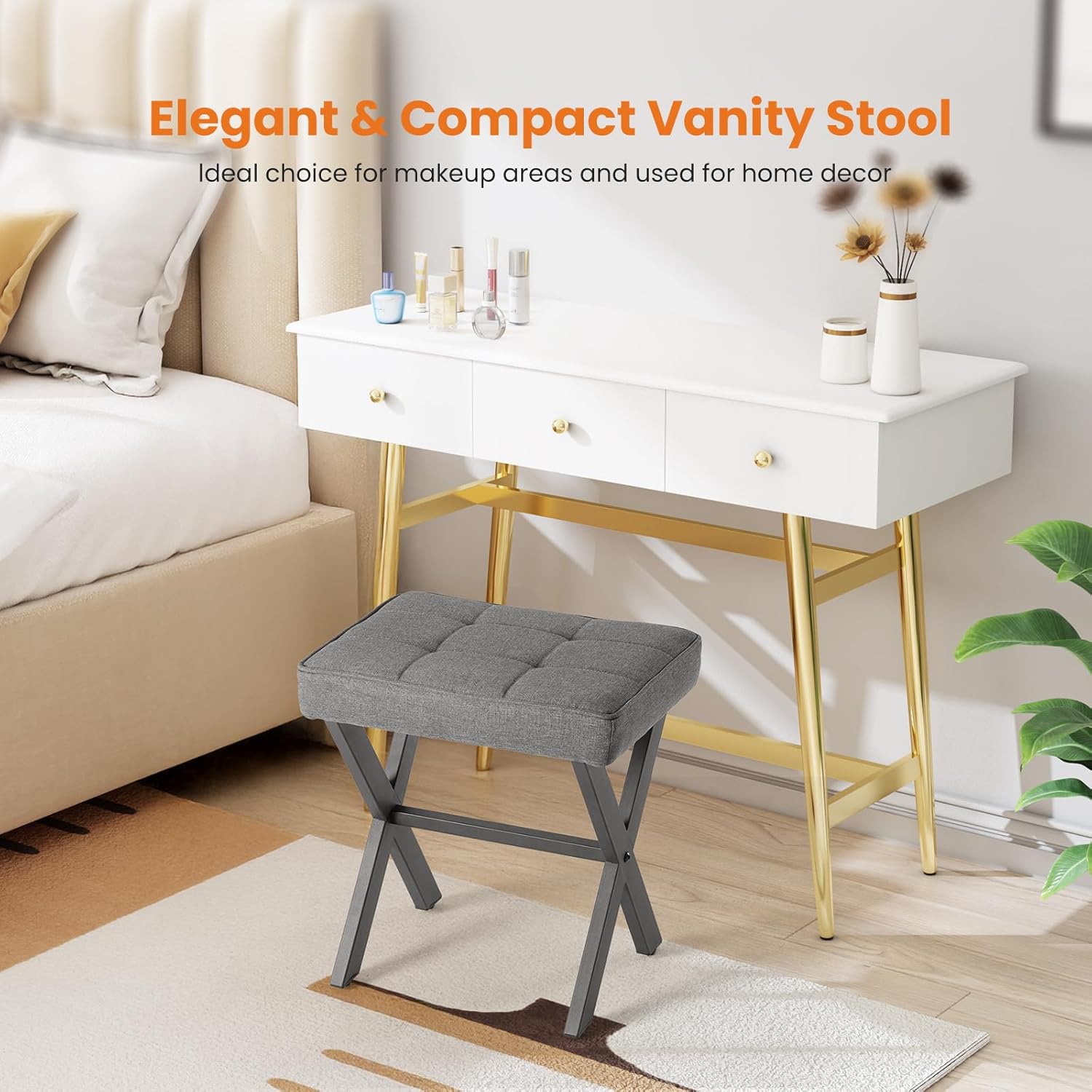 Sweetcrispy Vanity Stool Ottoman, Square Linen Makeup Stool Metal X Legs, Small Footstool Chair for Vanity, Modern Padded Seat Foot Rest for Makeup Room, Bathroom,Living Room, Entryway, Gray