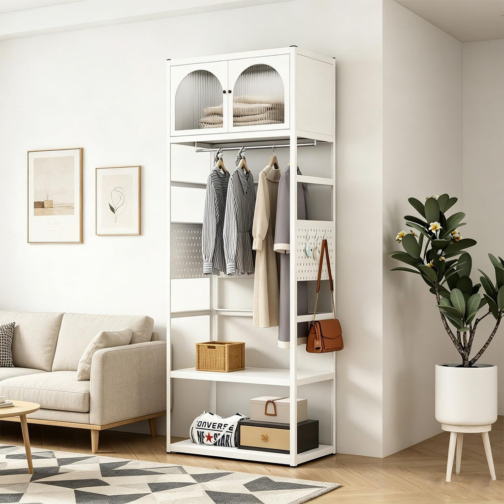 White Steel Wardrobe with Arched Sunlight Panel Doors, Hanging Rail, Open Shelves, 95.1 in Tall, Modern Bedroom Closet Organizer (White1)