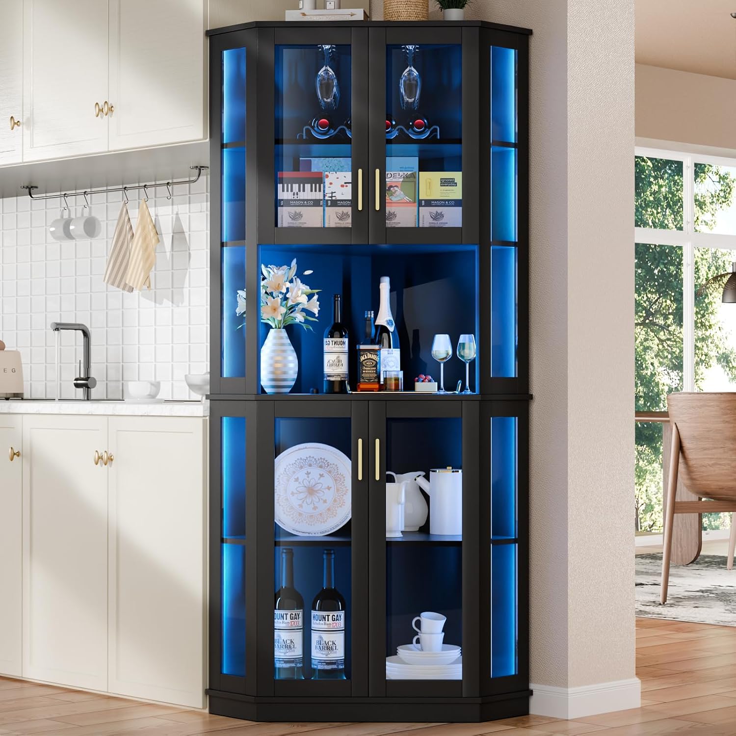 Loomie 71'' Corner Wine Bar Cabinet with LED Lights,5-Tier Tall Home Liquor Coffee Bar Cabinet W with Tempered Glass Door & Glasses Rack, Alcohol Cabinet Storage Hutch for Kitchen,Living Room (Black)