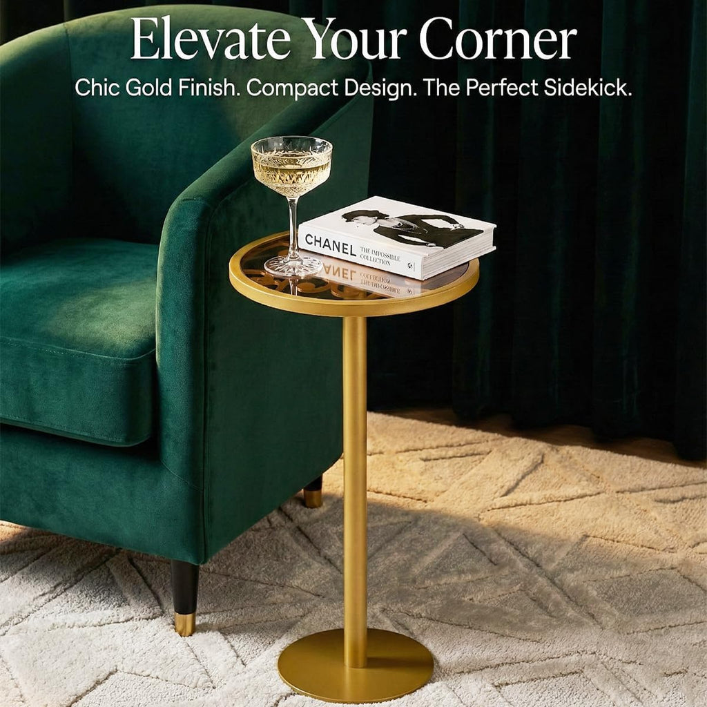 Gold Drink Table, Indoor Outdoor Small Round Side Table with Tempered Glass Top & Scroll Design, 24.7" Metal Pedestal End Table for Living Room, Patio, Small Spaces, Weather Resistant