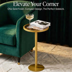 Gold Drink Table, Indoor Outdoor Small Round Side Table with Tempered Glass Top & Scroll Design, 24.7" Metal Pedestal End Table for Living Room, Patio, Small Spaces, Weather Resistant