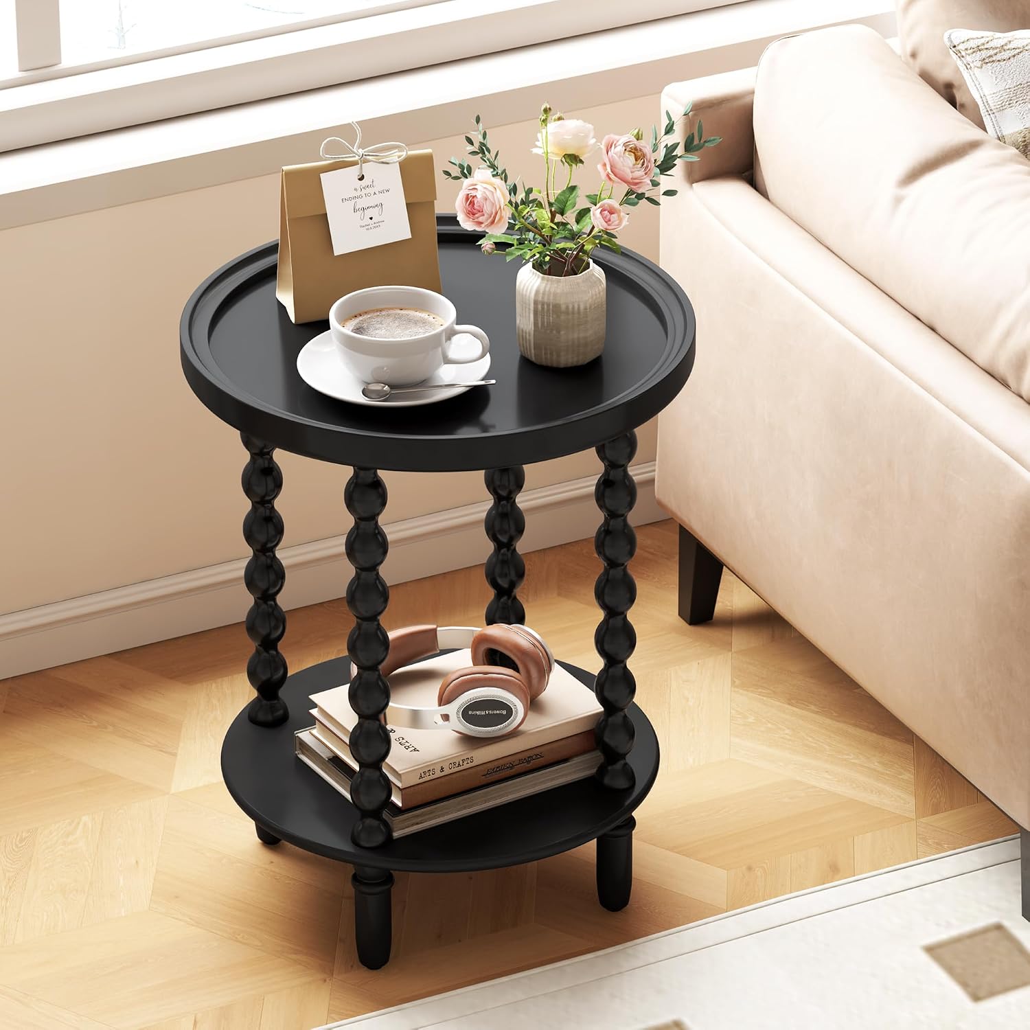 Round Side Table with Storage Shelf, 2 Tier Accent End Table with Spindle Legs, Modern Nightstand Beside Table for Living Room, Bedroom, Office, Black