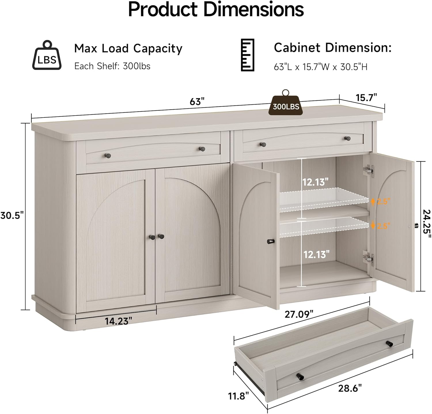 ONBRILL 63 Inch Buffet Cabinet with Storage, Curved Sideboard Cabinet with 2 Drawers and 4 Arched Doors, Storage Cabinets with Adjustable Shelves, Sideboard Buffet for Living Room, Kitchen, Grey Oak