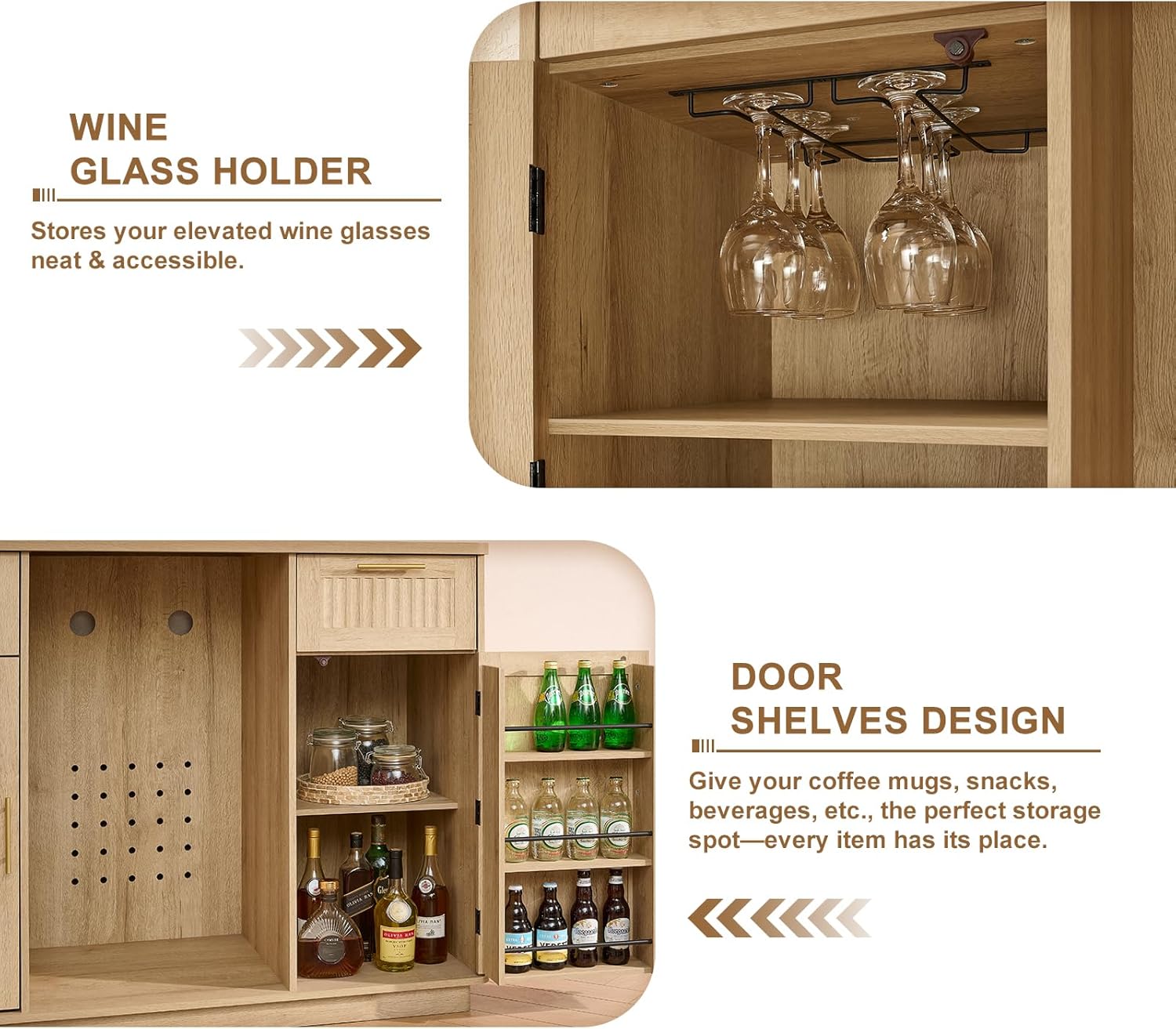 Okvnbjk Mini Fridge Cabinet with Storage & Power Outlet, Oak | Bar Cabinet with Fridge Space, Fluted Wine Bar with Wine Rack & Drawers, Coffee Station for Living Room & Dining Room