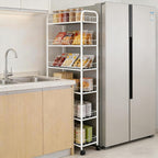 10in Slim Storage Cart, Metal 6-Tier Narrow Rolling Shelf, Sturdy Slim Storage with Hooks Ideal for Kitchen, Bathroom, and Laundry Room (10in White)