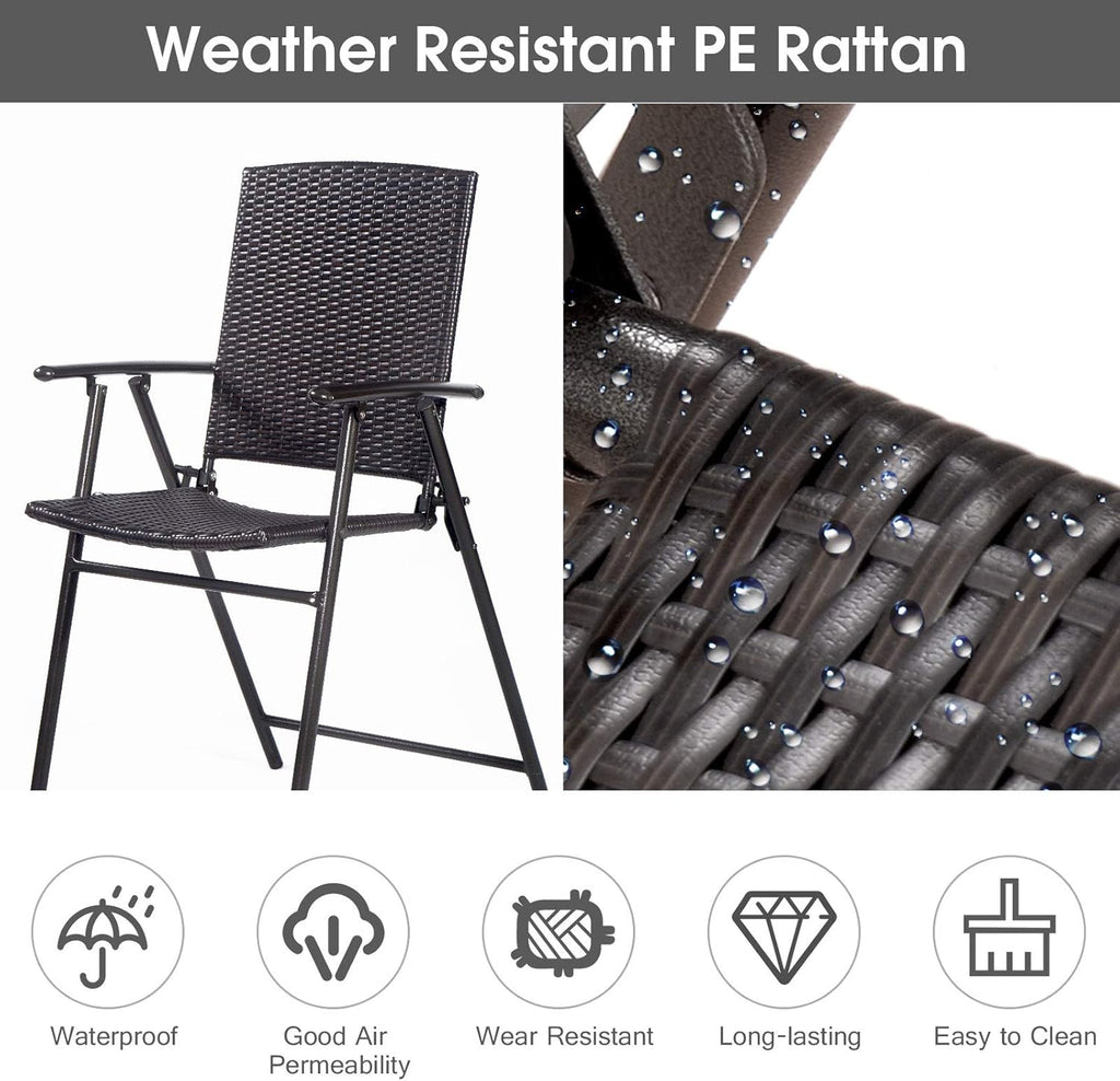 Casart Folding Wicker Rattan Bar Chairs Set of 4, Tall Stool with Back, Steel Frame, Armrests and Footrest, Bar Stools Garden Patio Furniture Set