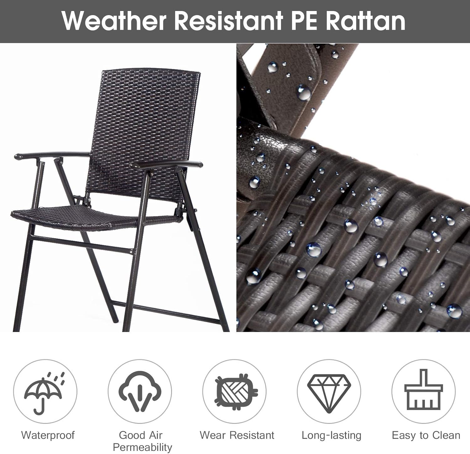 Casart Folding Wicker Rattan Bar Chairs Set of 4, Tall Stool with Back, Steel Frame, Armrests and Footrest, Bar Stools Garden Patio Furniture Set