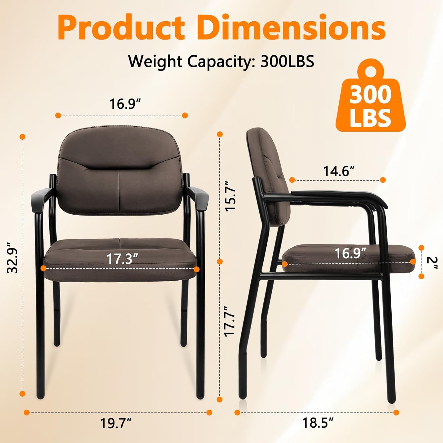 CLATINA Leather Office Guest Chair Sets of 2, Reception Chair No Wheels with Armrests and Lumber Support, Ergonomic Desk Armchair for Meeting Waiting Conference Lobby Room Shool Study, Brown