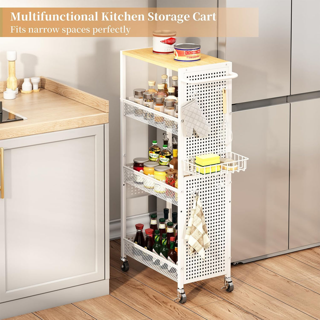 Slim Storage Rolling Cart: 4-Tier Narrow Metal & Wood Utility Cart with Wheels for Kitchen/Laundry/Bathroom(White)