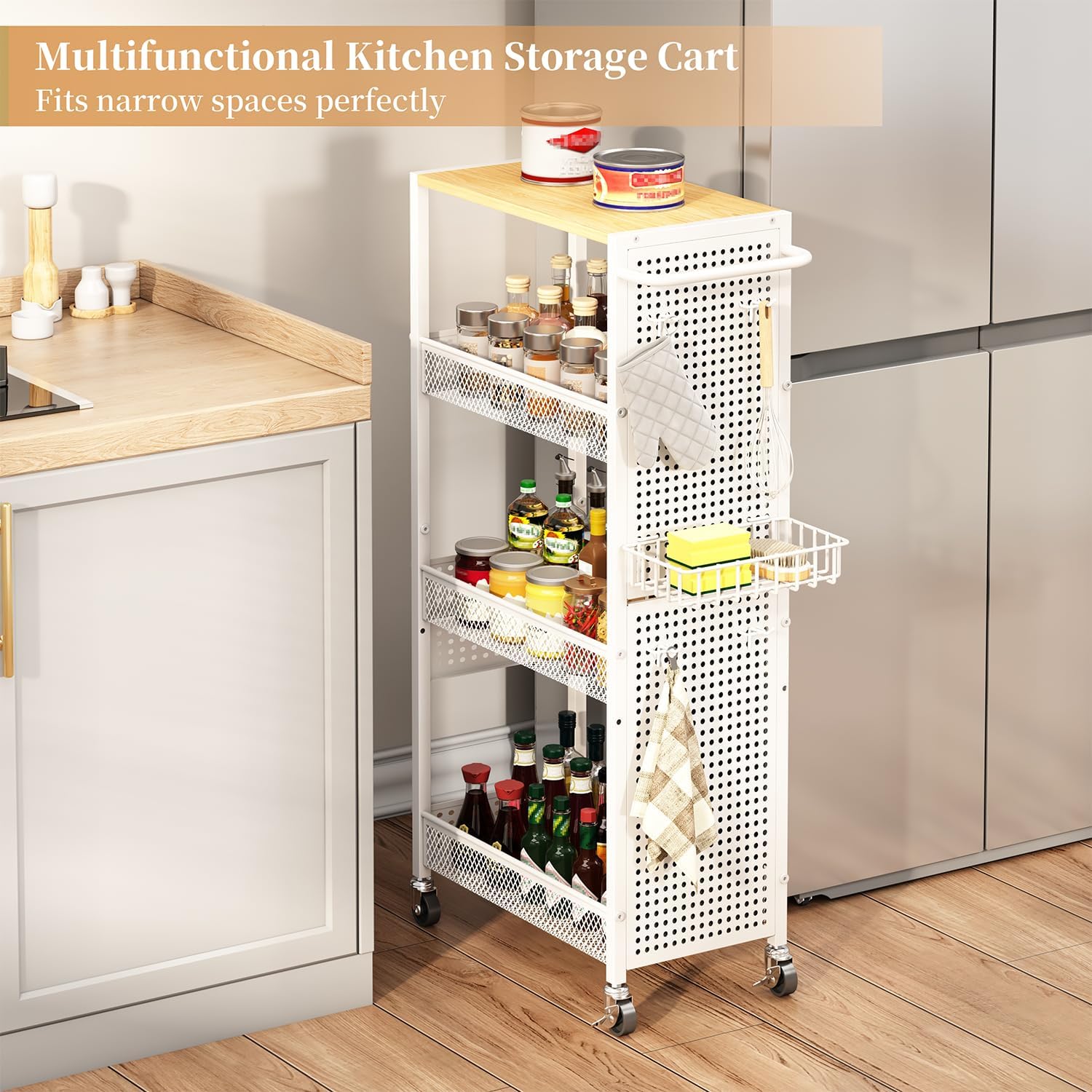 Slim Storage Rolling Cart: 4-Tier Narrow Metal & Wood Utility Cart with Wheels for Kitchen/Laundry/Bathroom(White)
