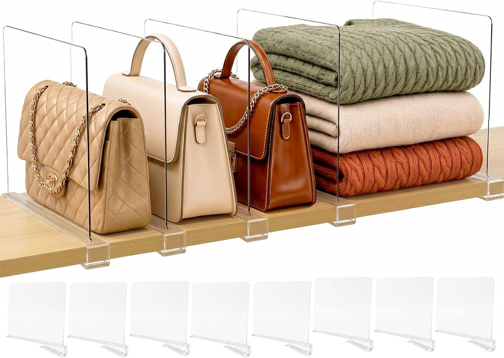 SortNStore Shelf Dividers Purse Organizer for Closet: 8-Pack Acrylic Bag Storage Organizer for Handbags, Clutches, Clothes, Sweater, Towel on Wood Shelves