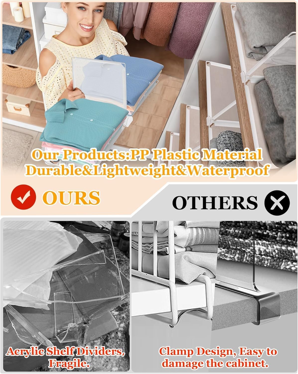 Shelf Dividers for Closet Organization, Portable Closet Shelf Divider, Closet Dividers for Shelves, Shelf Separators, Easy Access and Storage, Fits Wire Shelves and Wooden Boards 3pack