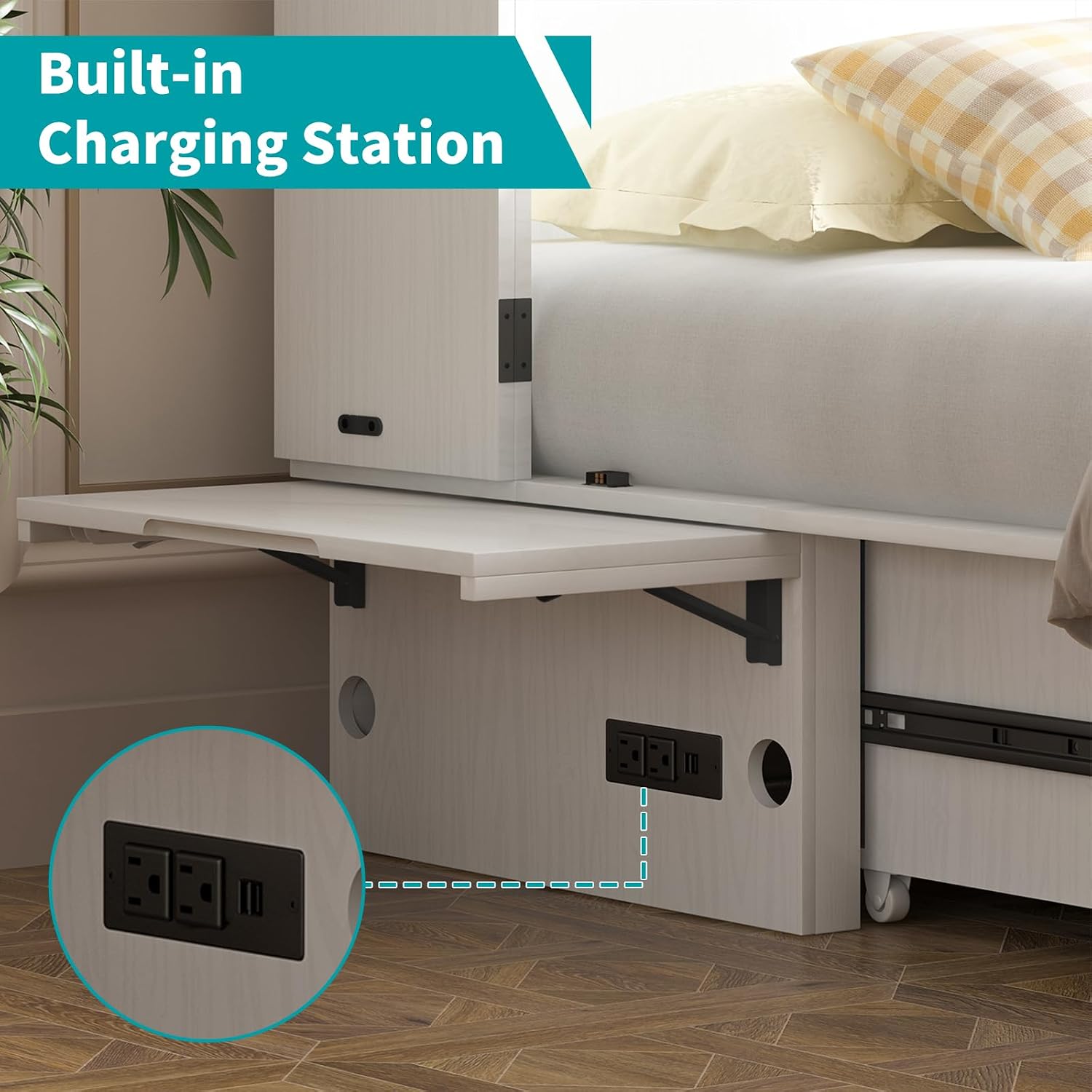 BALUS Queen Murphy Bed, Cabinet Murphy Bed with Large Storage Drawer-White | USB Charing Station, Spacious Drawer, Space Saving, Queen Bed Frame