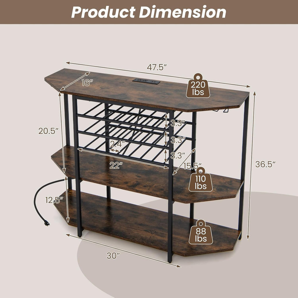 COSTWAY Wine Bar Cabinet, 3-Tier Liquor Cabinet with Power Outlets, Wine Bottle Racks, Glass Holders, Coffee Bar Cabinet, Freestanding Mini Bar Table for Kitchen, Dining Room, Pub (Rustic Brown)