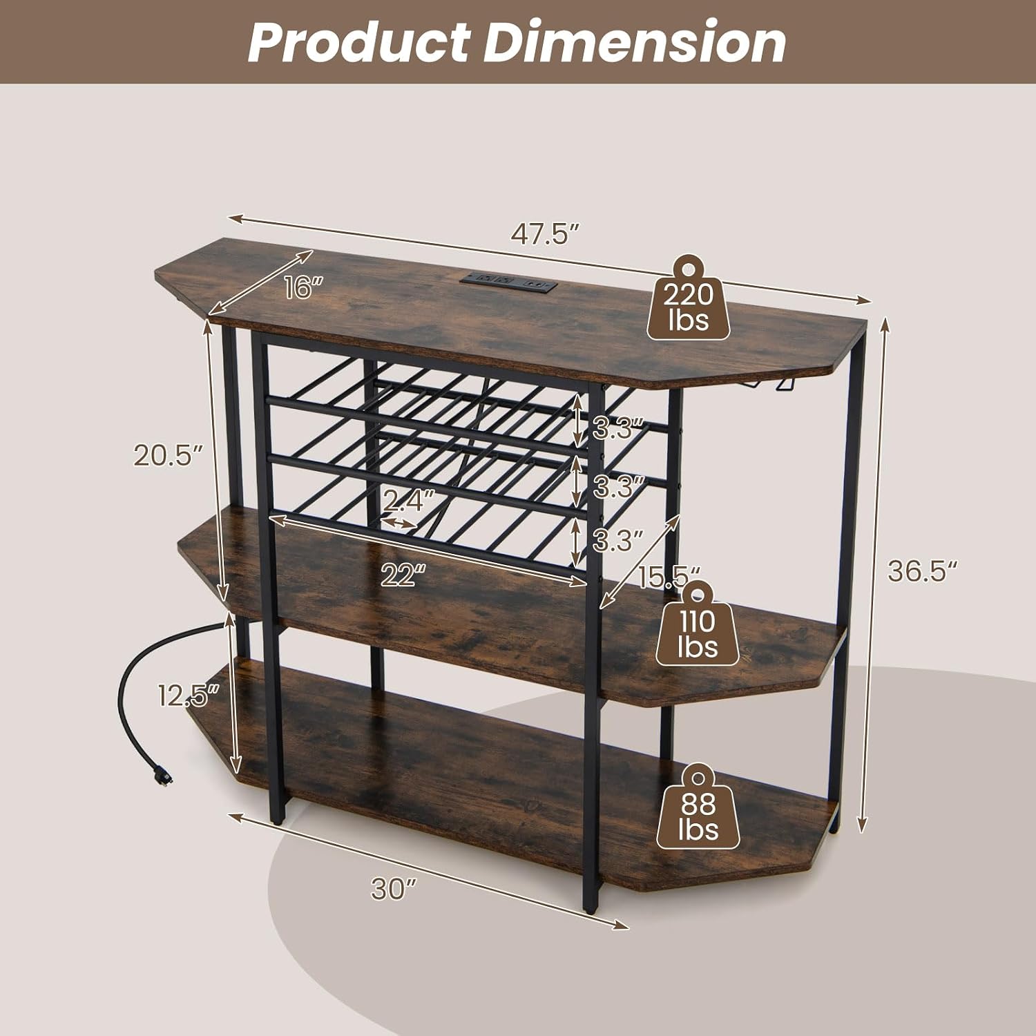COSTWAY Wine Bar Cabinet, 3-Tier Liquor Cabinet with Power Outlets, Wine Bottle Racks, Glass Holders, Coffee Bar Cabinet, Freestanding Mini Bar Table for Kitchen, Dining Room, Pub (Rustic Brown)