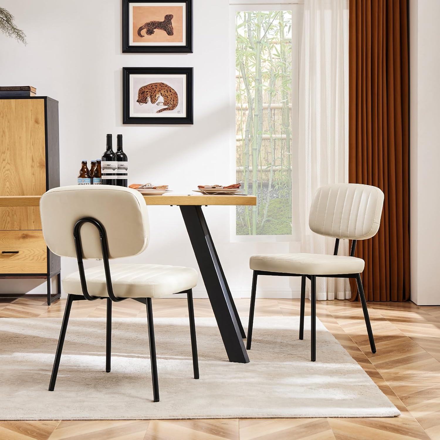 Sweetcrispy Dining Chairs Set of 2, Upholstered Mid Century Modern Kitchen Accent Chairs with Faux Leather Cushion Seat & Metal Legs for Home Office, Living Room-Beige White