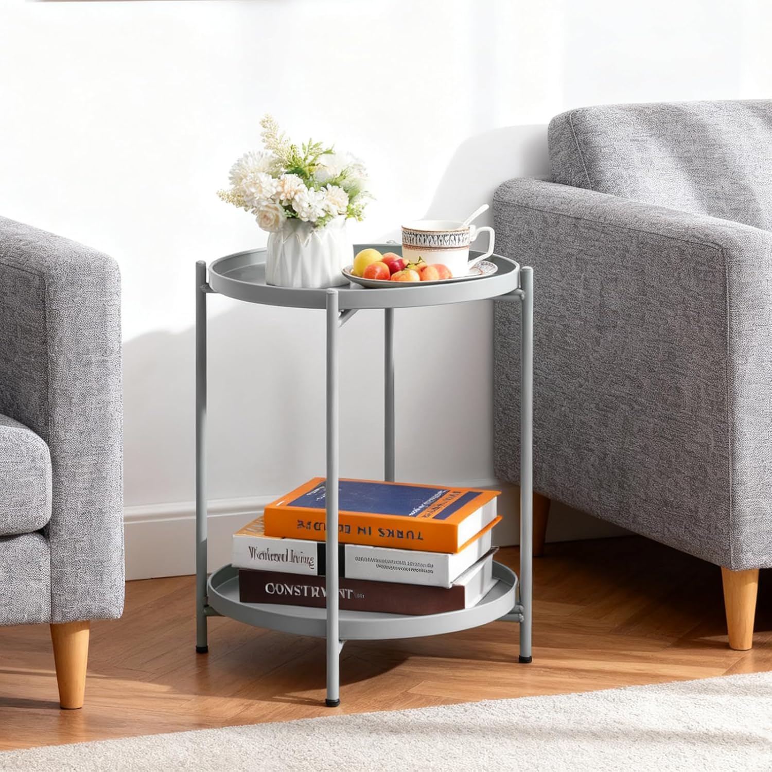 HollyHOME 2-Tier Round Side Table, Outdoor Small Folding Accent Stand with Removable Tray, Anti-Rust Metal Asional Table for Balcony Patio Living Room, Nightstand for Bedroom(Grey)