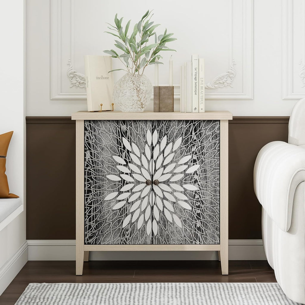 31" Carved Sideboard Buffet Cabinet, Decorative Storage Cabinet with 2 Doors and Adjustable Shelf, Farmhouse Vintage Accent Cabinet for Living Room, Entryway, Kitchen, Black