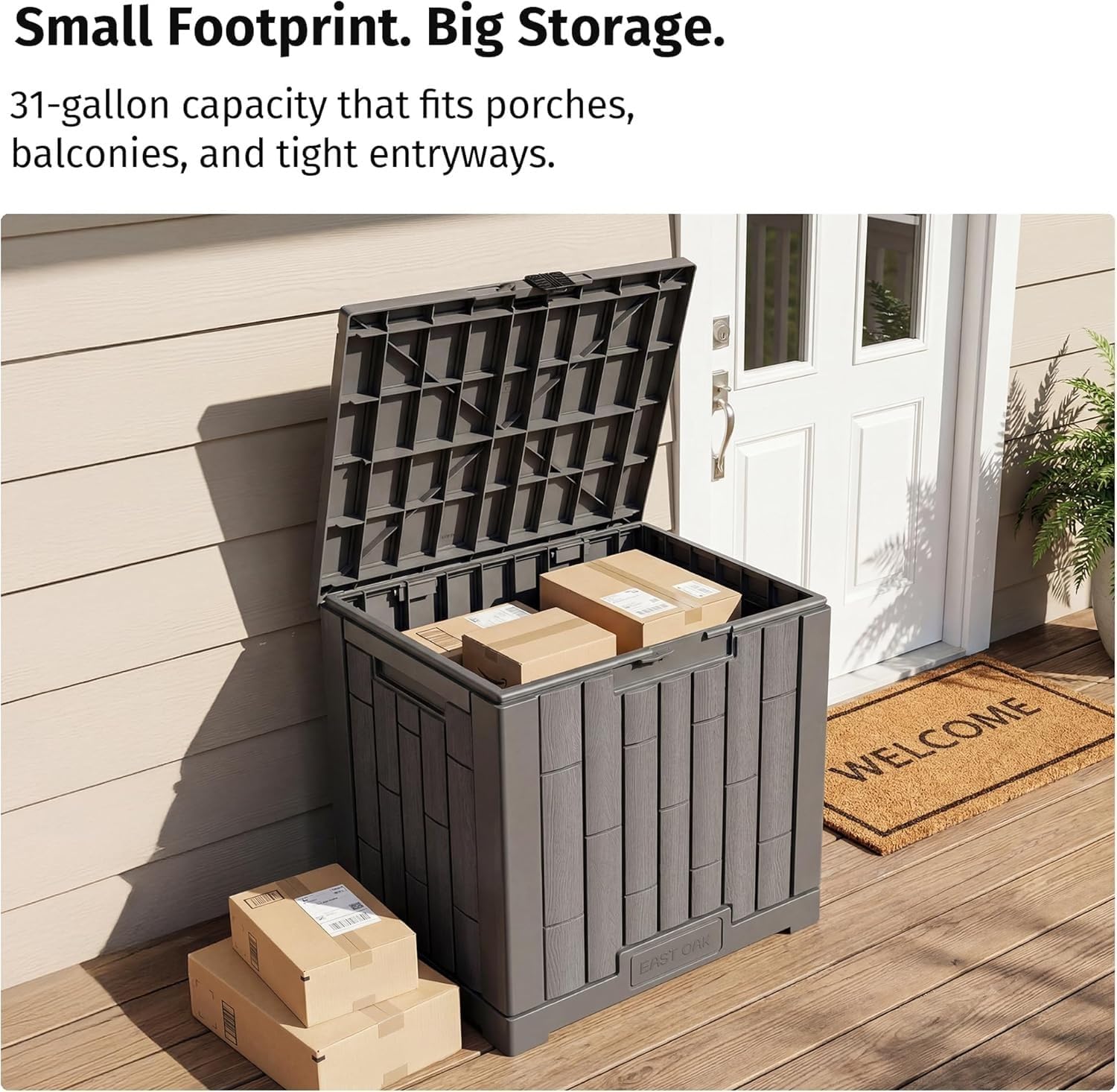 EAST OAK Outdoor Storage Box, 31 Gallon Deck Box for Patio Cushions, Pool Accessories & Garden Tools, Waterproof Resin Storage Container, Ash Grey